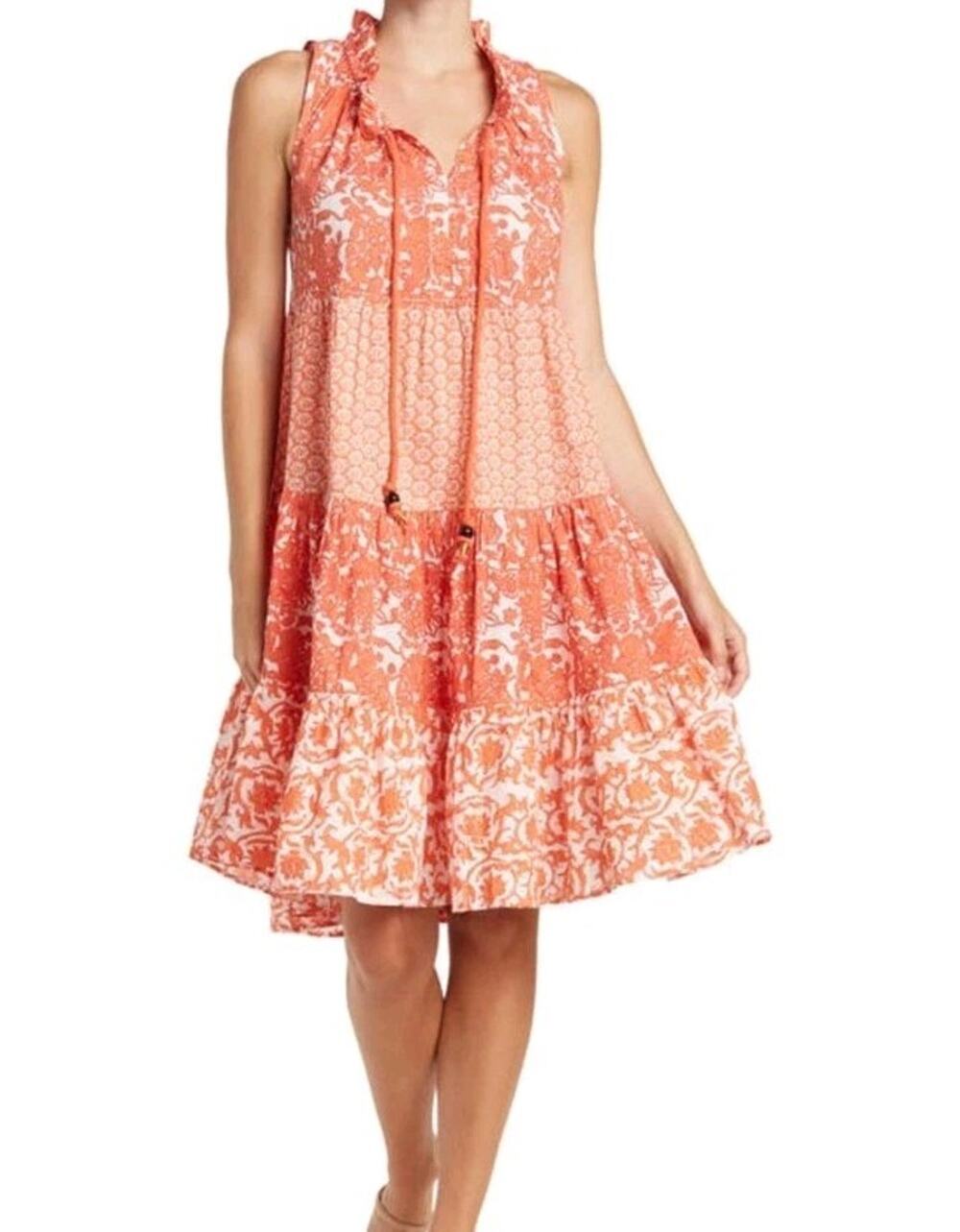 Chelsea & Theodore Tiered Floral Dress XS Orange Cotton Boho Fairy Cottagecore